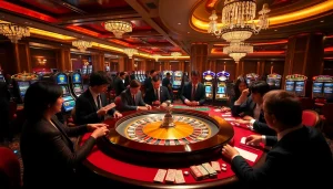 C168 gamblers enjoying high-stakes gameplay at a luxurious roulette table in a vibrant casino.