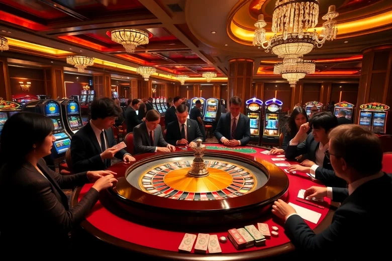 C168 gamblers enjoying high-stakes gameplay at a luxurious roulette table in a vibrant casino.