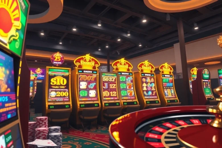 Play thrilling 온라인슬롯 games with colorful visuals and engaging interfaces in a luxurious casino setting.