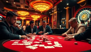 Professional gamblers strategizing at a poker table in the lively casino 5Z7779.