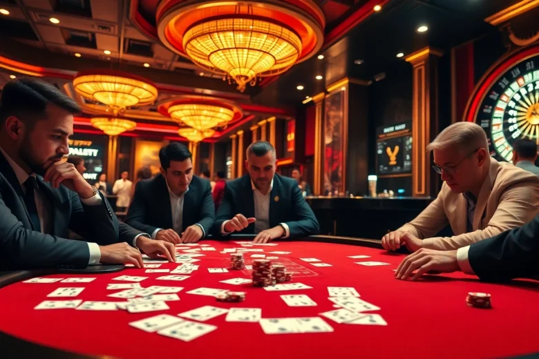 Professional gamblers strategizing at a poker table in the lively casino 5Z7779.