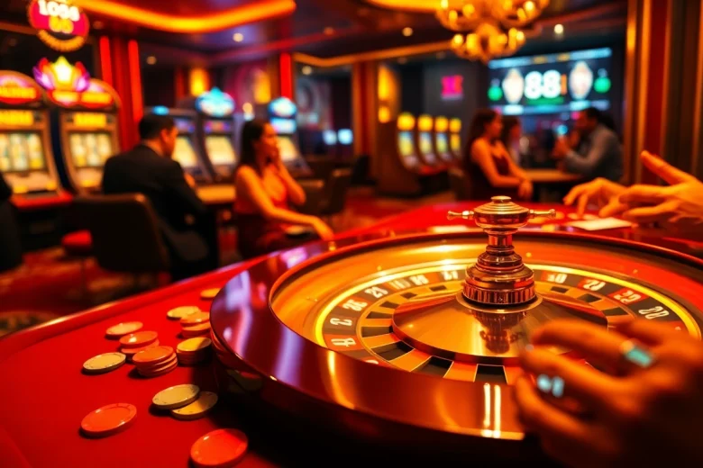 Experience the excitement of 88i with players engaged in thrilling casino games, surrounded by vibrant colors.