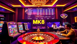 Exciting MK8 online gambling scene with vibrant slot machines and professional players at a poker table.