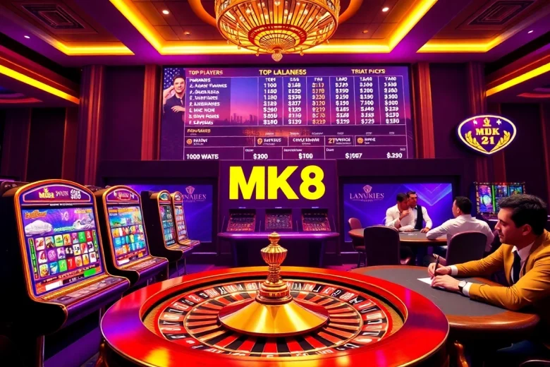 Exciting MK8 online gambling scene with vibrant slot machines and professional players at a poker table.