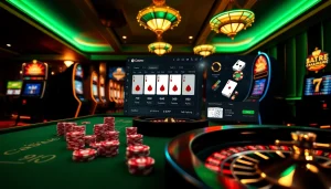 Experience the thrill of online gambling at https://789club.quest/ with a vibrant casino scene featuring poker chips and slot machines.