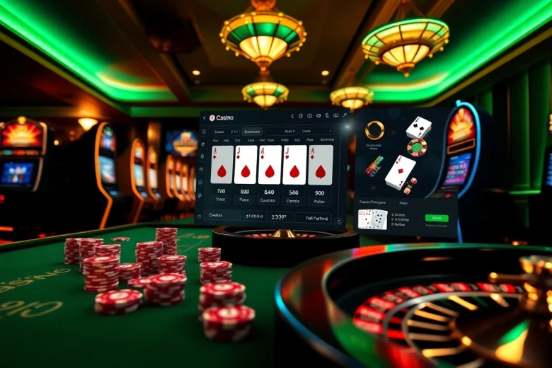 Experience the thrill of online gambling at https://789club.quest/ with a vibrant casino scene featuring poker chips and slot machines.