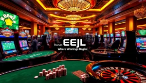 Experience thrilling gameplay at home eejl with vibrant casino visuals featuring poker tables and slot machines.