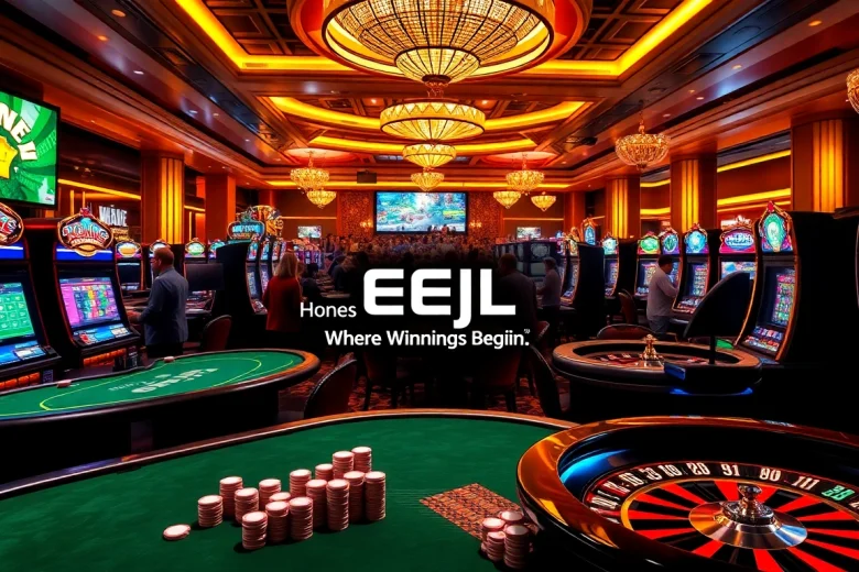 Experience thrilling gameplay at home eejl with vibrant casino visuals featuring poker tables and slot machines.