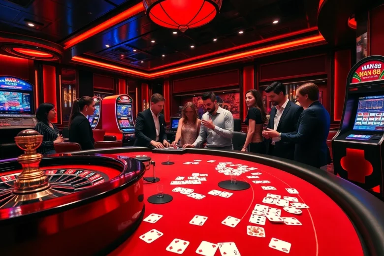 Experience the thrill of gambling at Man 88 casino with vibrant gaming tables and enthusiastic players.