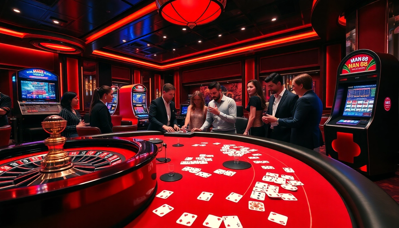 Experience the thrill of gambling at Man 88 casino with vibrant gaming tables and enthusiastic players.