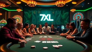 סצנת שולחן פוקר של 7XL עם שחקנים מלאי חיים הנהנים מחוויה מרגשת בקזינו.