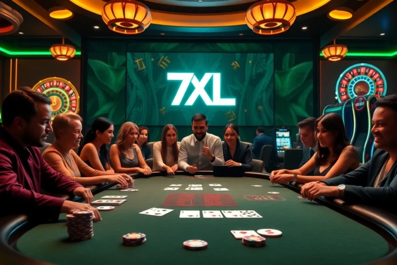 סצנת שולחן פוקר של 7XL עם שחקנים מלאי חיים הנהנים מחוויה מרגשת בקזינו.