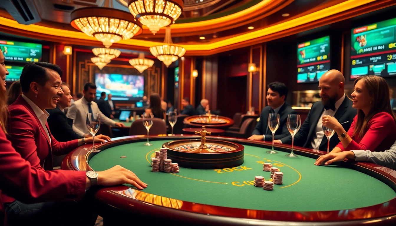 Bro138 players enjoying a high-stakes poker game at an upscale casino.