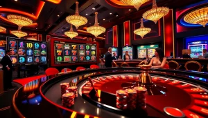 Experience thrilling bk8 สล็อต action at a vibrant casino with players and roulette tables.