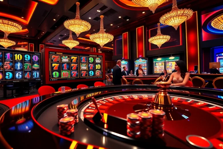 Experience thrilling bk8 สล็อต action at a vibrant casino with players and roulette tables.