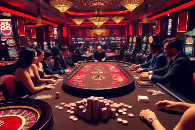 Experience the high stakes at Man 88's vibrant casino, featuring stunning card games and exciting roulette action.