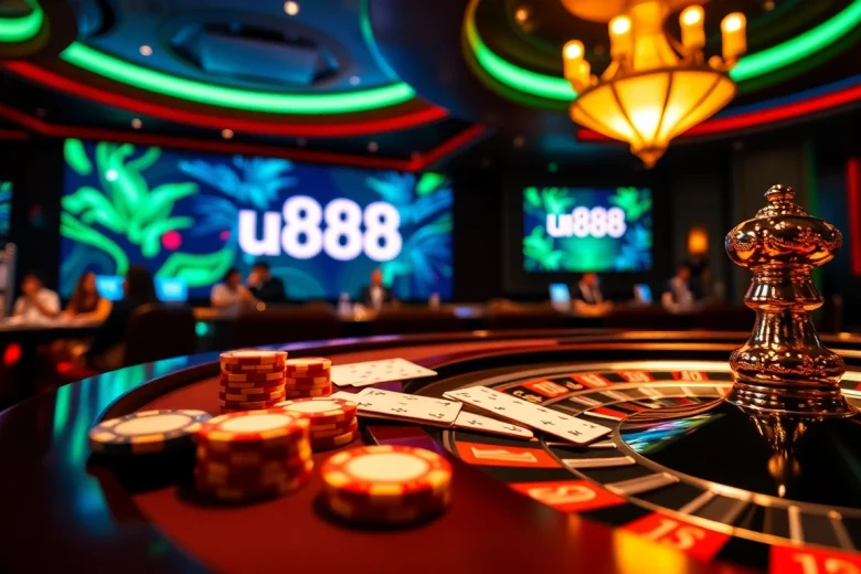 Experience the thrill of winning at u888's luxurious online casino with vibrant gaming tables.