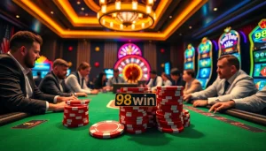 Players enjoying a vibrant poker game at 98win, surrounded by exciting casino elements.