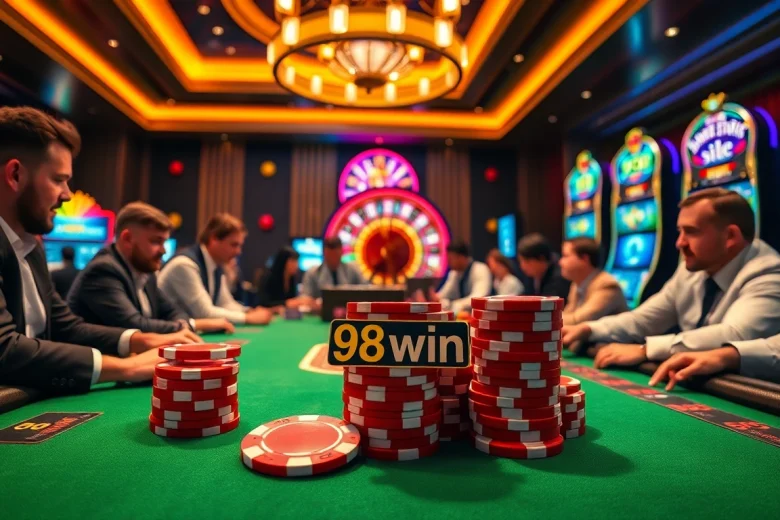 Players enjoying a vibrant poker game at 98win, surrounded by exciting casino elements.