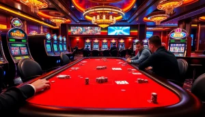 Experience the excitement of king88bet with a vibrant casino scene showcasing poker and slot machines.