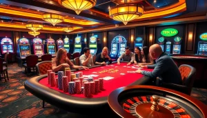 Players enjoying a thrilling game at 789club’s upscale casino table, surrounded by vibrant slot machines.