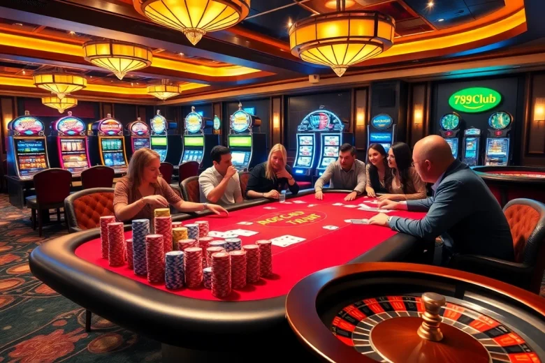 Players enjoying a thrilling game at 789club’s upscale casino table, surrounded by vibrant slot machines.