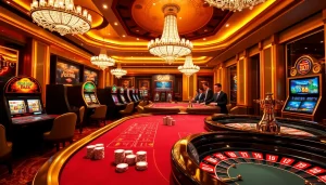 Experience the vibrant gaming atmosphere at https://go88.fast/, featuring a lively casino table with poker chips and slot machines.