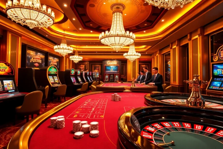 Experience the vibrant gaming atmosphere at https://go88.fast/, featuring a lively casino table with poker chips and slot machines.