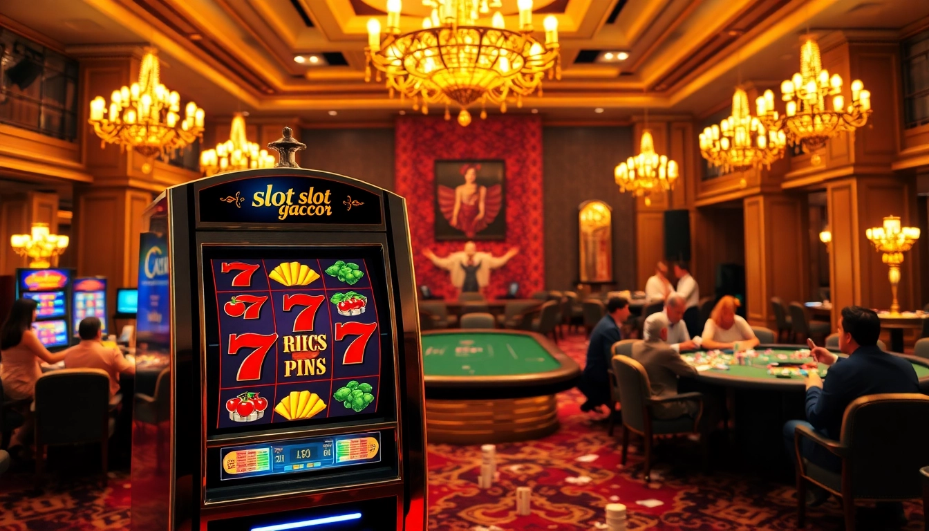 Players enjoying slot gacor with vibrant slot machines and poker tables in a luxury casino setting.