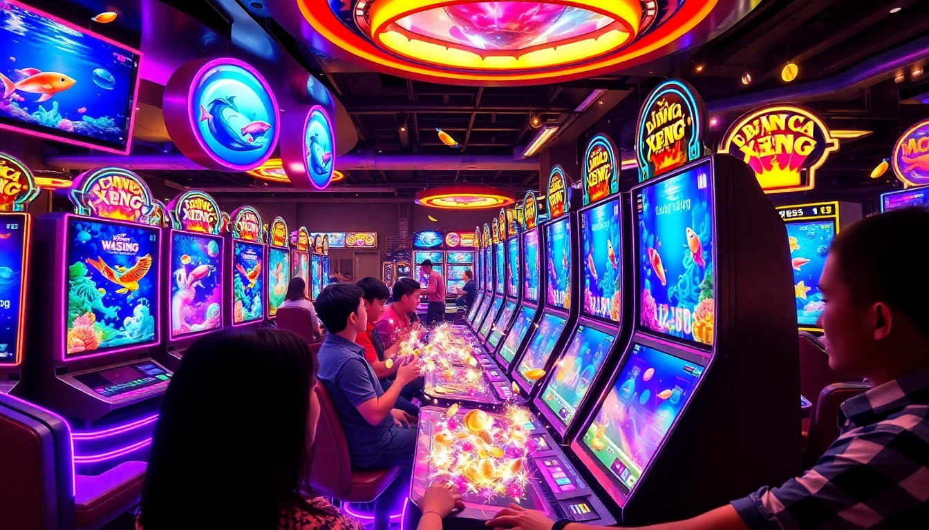 Bắn Cá Xèng game engagement scene with players winning and underwater graphics.