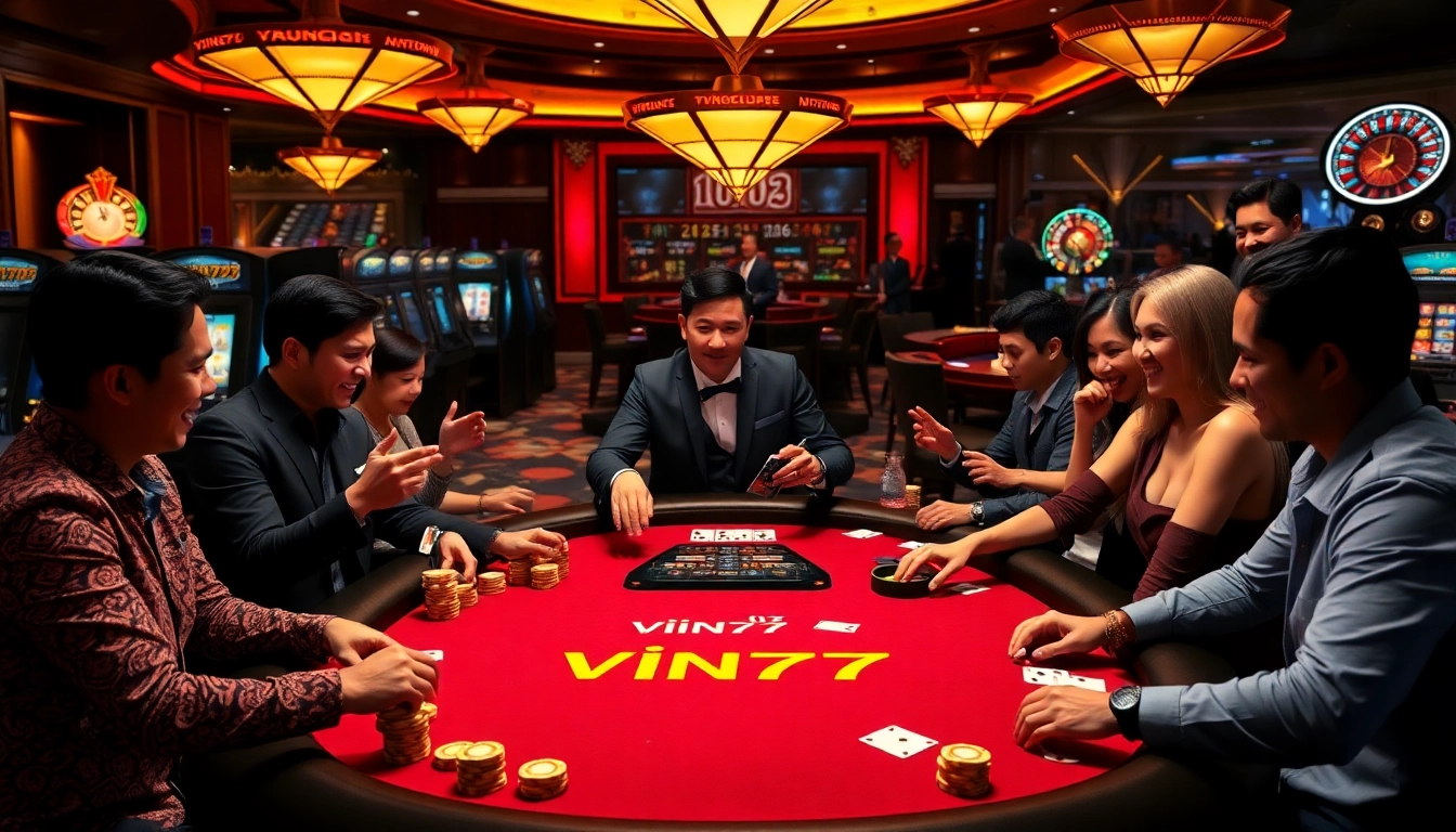 Exciting poker game at the luxurious Vin777 casino, featuring high-stacked chips and engaged players.