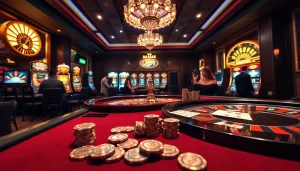 Exciting casino scene featuring a luxurious poker table and vibrant slot machines related to 789 bet.