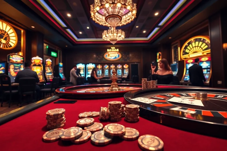 Exciting casino scene featuring a luxurious poker table and vibrant slot machines related to 789 bet.
