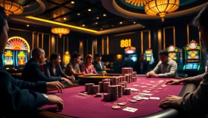 Players engage at a vibrant casino table featuring 88i poker chips and cards.