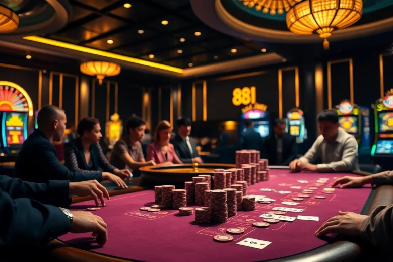 Players engage at a vibrant casino table featuring 88i poker chips and cards.