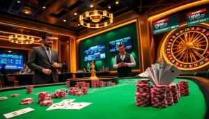 Experience the excitement of bk8thai at a luxurious casino poker table with vibrant chips and cards.