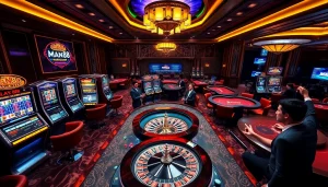 Experience the excitement of Man 88 with vibrant casino visuals showcasing poker and slot games.