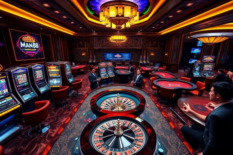 Experience the excitement of Man 88 with vibrant casino visuals showcasing poker and slot games.