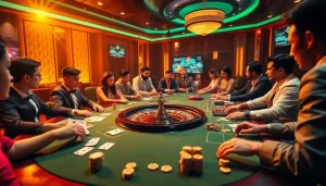 Experience the excitement of online gambling at https://mm88.observer/ with a luxurious casino scene featuring vibrant players and high-quality game elements.