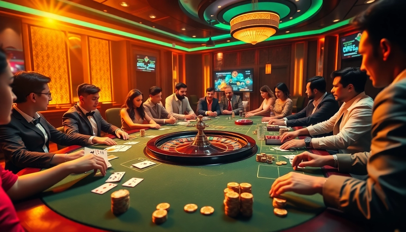 Experience the excitement of online gambling at https://mm88.observer/ with a luxurious casino scene featuring vibrant players and high-quality game elements.