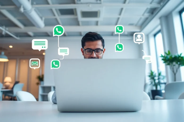 专业人员使用 WhatsApp Web 的动态图像，突出显示快连官网 的消息发送与语音通话等功能。