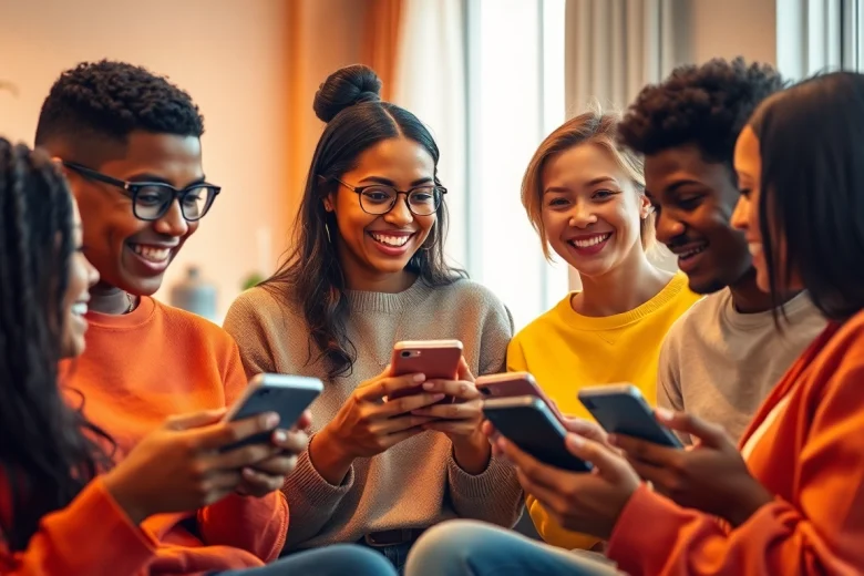 مشهد دردشة رقمية جذاب يعكس شات الرياض، يعرض مستخدمين من خلفيات متنوعة يتصلون عبر الأجهزة المحمولة.