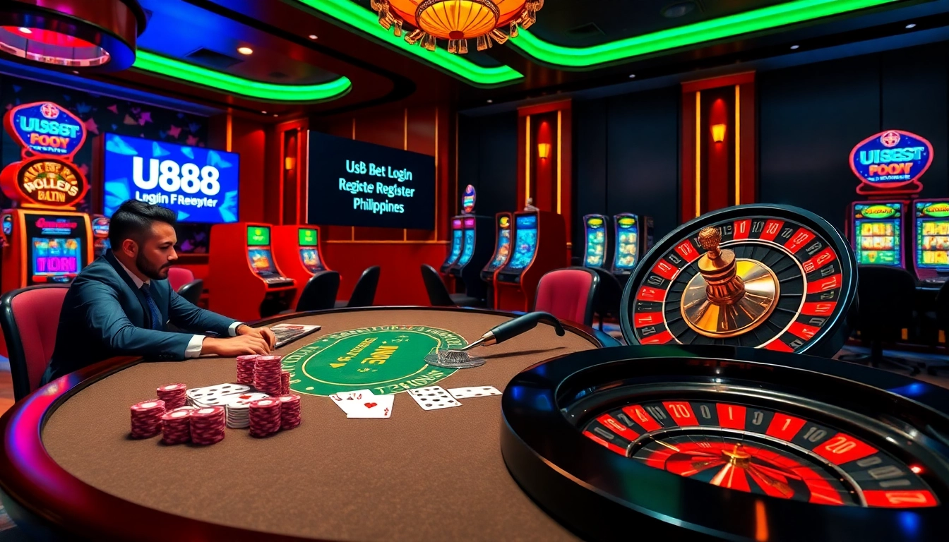 Engage with the excitement at U888 bet login register Philippines with professional gamblers and vibrant gaming elements.