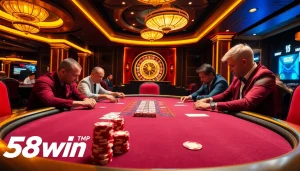 Players engage in a thrilling poker game at 58win's luxurious casino table, surrounded by indulgent decor.