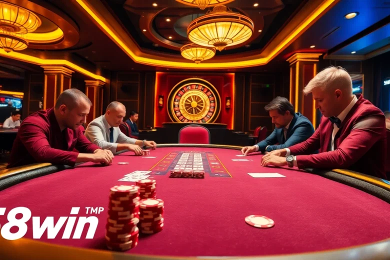 Players engage in a thrilling poker game at 58win's luxurious casino table, surrounded by indulgent decor.