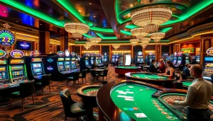 Engage with thrilling gameplay at 22JL Casino featuring vibrant slot machines and poker tables.