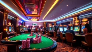Experience thrilling gaming at BK8 เว็บตรง with vibrant poker chips and luxurious casino tables.