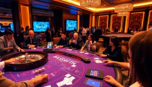 Players enjoying high-stakes action at the BK8TH casino tables, showcasing vibrant gambling excitement.