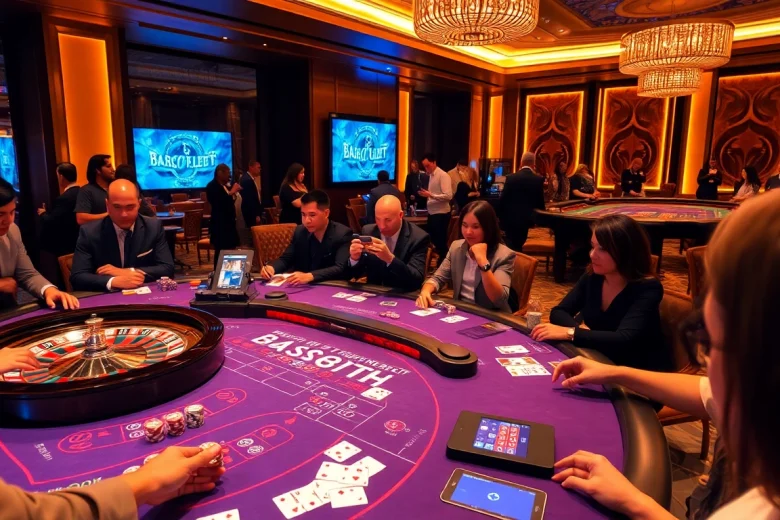 Players enjoying high-stakes action at the BK8TH casino tables, showcasing vibrant gambling excitement.