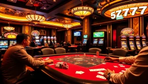 Experience the thrill of 5Z777 gaming with professional poker players at a luxurious casino table.